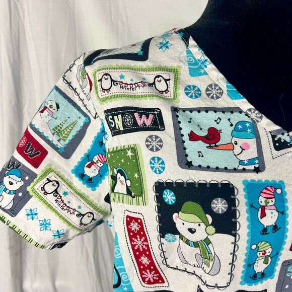 SB Scrubs Top Christmas Winter Snowman Unisex Medium Pockets Nursing Medical - Picture 2 of 9